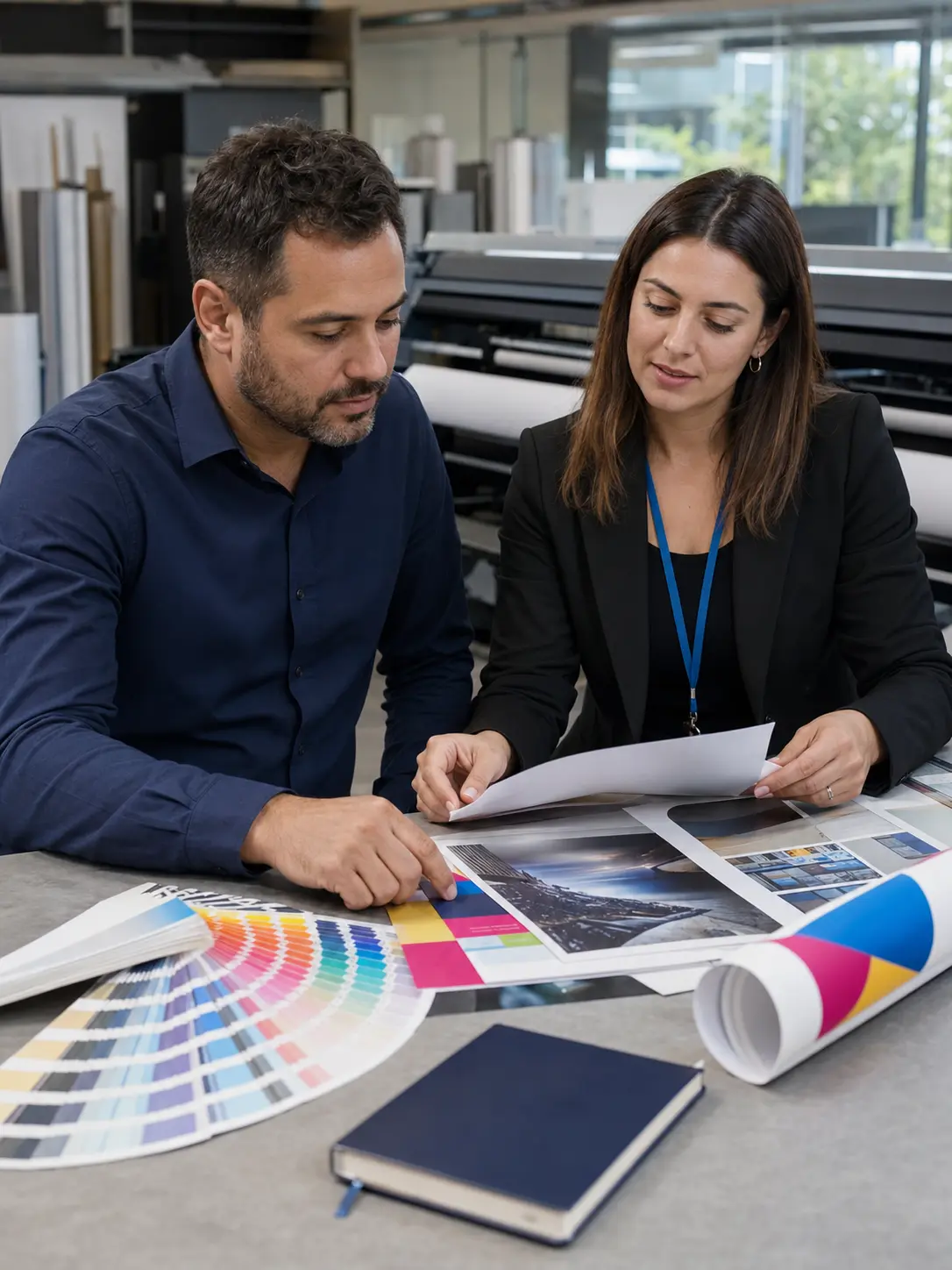 Duas pessoas analisando amostras e materiais gráficos durante um atendimento